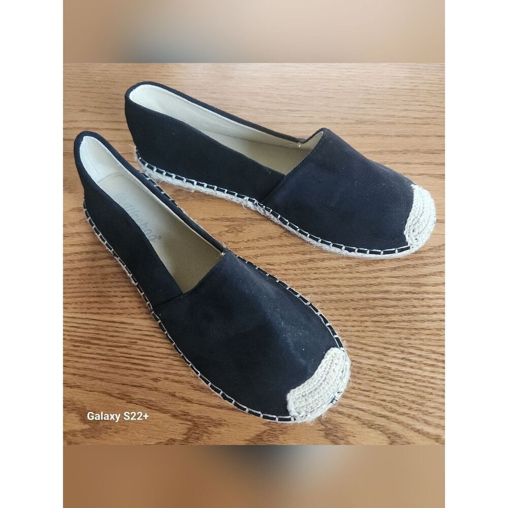Weeboo Black Canvas Espadrille Flats with Natural Woven Toe Cap & Stitching